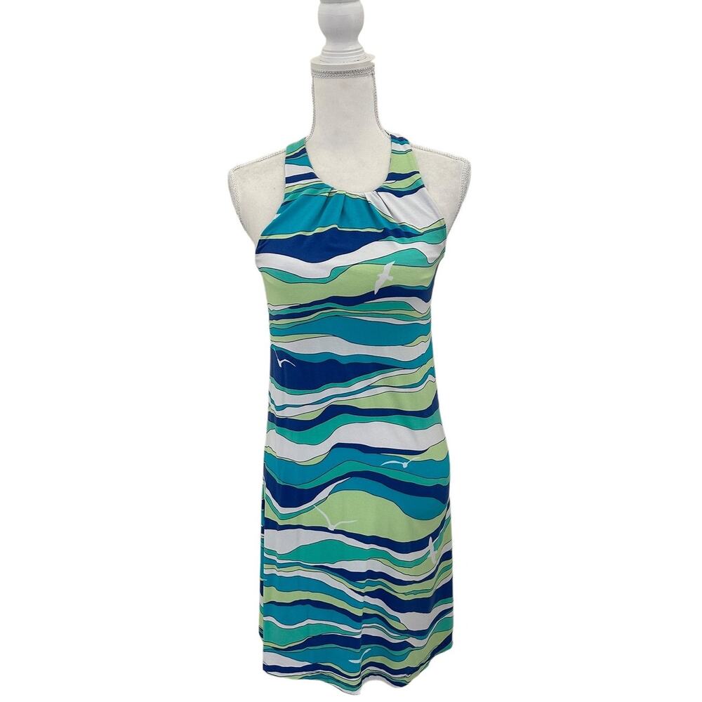Tori Richard Honolulu Hawaii Wave Print Seagulls Blue Green Midi Dress Size XS - Picture 3 of 10